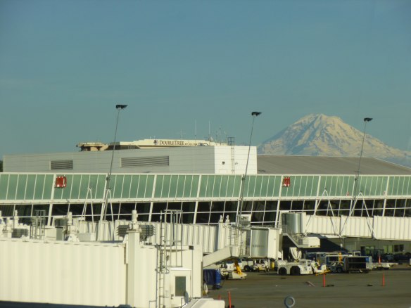 Rainier on the horizon, past the Sea-Tac Airport in Seattle.